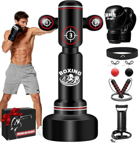 NZQXJXZ Saco de Boxeo de pie para Adulto, 180cm Saco Boxe Independiente con Guantes de Boxeo, Bomba, Cuerda para Saltar y Pelota de Reflejos, Sacos de Boxe Inflable para Karate MMA Taekwondo Fitness
