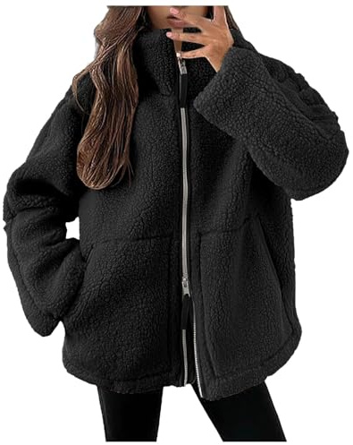 Veste Femme, Femme Polaire Manteau Molleton Teddy à Double Zip Veste Sherpa SurdimensionnéE DéContractéE De Motard Thermique Chaude en Peluche Hiver, XXL