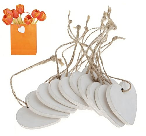 10 PCS 4cm*4cm White Wooden Love Hearts with String, Valentines Decorations, Wooden Hearts for Crafting,Durable Hanging Love Heart for Anniversary and Valentines Day Decorations