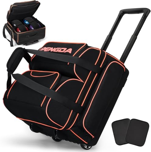 PENGDA 4 Ball Bowling Bag With Wheels, Integrated Single-Chamber 4-Ball System, 900D Reinforced Oxford Bowling Ball Bag, Telescopic Handle Roller Tote Storage Bag for Bowling Accessories and shoes