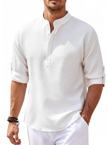 Neteson Camicia da Uomo Manica Lunga Henley Shirt Camicia Estiva Casual con Bottoni Camicie da Spiaggia Classiche Regolare Shirts Camicia Collo alla Coreana per Il Tempo Libero