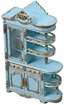1: 12 Scale Miniature Victorian Doll House Screen Cabinet with LED Light and Functional Drawers for Display Miniature European Doll House Furniture