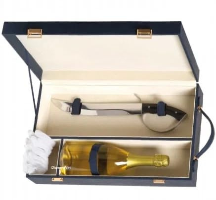 Caja azul Elite con sable y guantes blancos para vino espumoso o champán