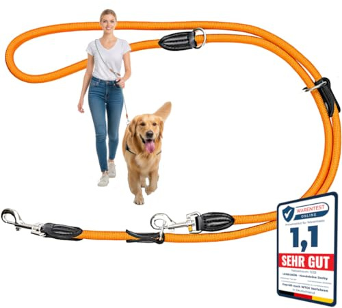 Leisegrün Hundeleine Derby | 2m Länge, Robustes Nylon, Flexibel verstellbar für mittelgroße bis große Hunde | Leuchtendes Orange