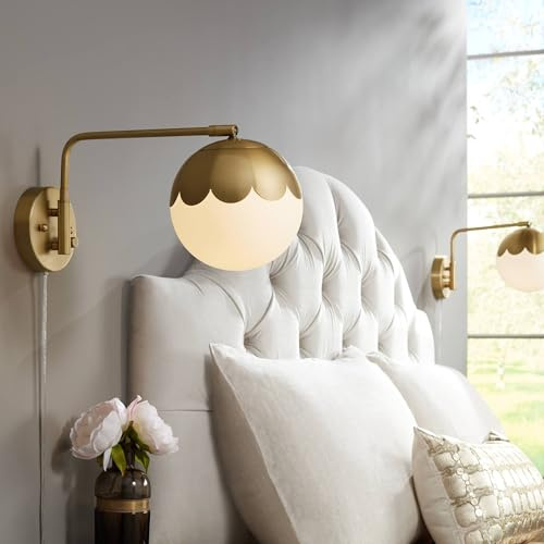 360 Lighting Kelowna Modern Swing Arm Wall Lamps Set of 2 Antique Brass Metal Plug-in Light Fixture Round Glass Globe Shade for Bedroom Bedside House Reading Living Room Home Hallway Dining