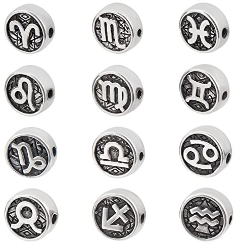 DICOSMETIC 12 Stück 12 Stil Edelstahl 12 Sternbild Zwischenperlen Flach Rund Mit Zwölf Sternbilder Glücksbringer Für Armband Halskette Schmuckherstellung