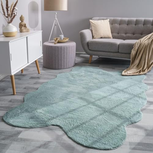TT Home Wohnzimmer Teppich Unifarben Flauschig Modern Kunstfell Kurzflor, Farbe: Türkis, Größe:140x200 cm Fell-Form