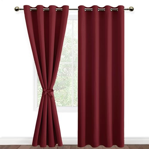DWCN Blackout Curtains with Tiebacks for Bedroom Thermal Insulated Solid Eyelet Curtains for Living Room,2 Panels,52 Wide x 84 Drop Burgundy