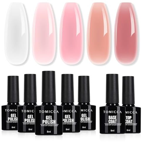 TOMICCA UV Nagellack Set, 5 Farben Gel Mit Base & No Wipe Top Coat, Milchig Weiß Rosa Klar Kristallgelee Soak-Off UV/LED, Nailart Starter Kit Geschenk DIY Zu Hause, 7 x 8ml