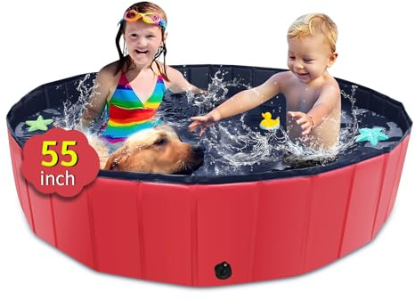 CACSPS Foldable Dog Pool, 55 x 12 Kiddie Pool with Hard Plastic, Non-Slip Dog Bath Tub for Outdoor Backyard, Collapsible Dog Swimming Pool for Kids Dogs Pets (Red)