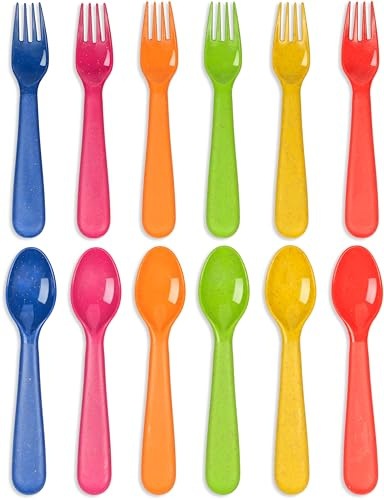 PLASKIDY Wheat Straw Toddler Utensils Set of 12 - Kids Forks and Kids Spoons BPA Free/Dishwasher Safe Kids Utensils Cutlery Set Brightly Colored Toddlers Silverware Set