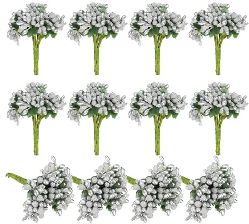 PATIKIL Mini Bacchette Artificiali di Bacche Pip, 144Pz Staminali di Fiori Frutta per Artigianato, Ghirlande, Decorazioni Floreali per Matrimoni, Tono Argento