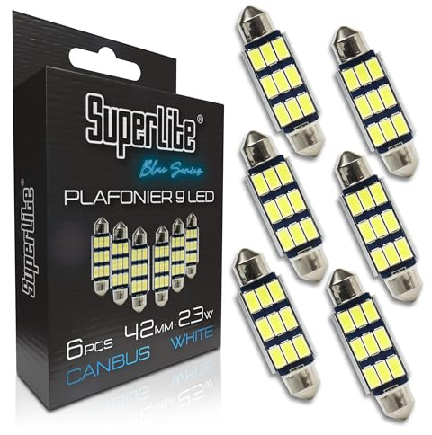 Superlite Set di 6 lampadine da soffitto a 9 Led, 42 mm 2,3W della gamma Blue Series. Tecnologia CanBus a luce bianca. Ideale per auto e camion.