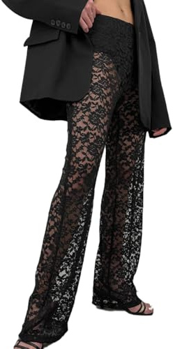 EMOTTOS Women's Lace Trousers, Y2K High Waist Straight Leg Bottoms with Crochet Flower Pattern, Elastic Waist Pants Hollow Out Sheer Mesh Trousers for Nightclub Party, Black, XL