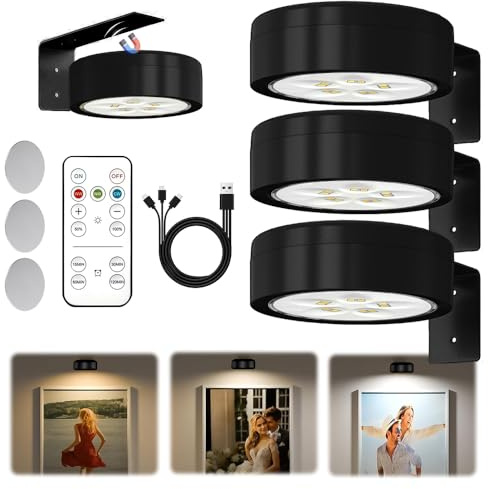 3 PCS Lampe Tableau Télécommandé Magnétique, Eclairage Tableau LED Sans Fil Rechargeable, 3 Couleurs et Fonction de Minuterie, Applique Murale Pour Tableau Sans Fil, Pour Cuisine, Armoire (noir)