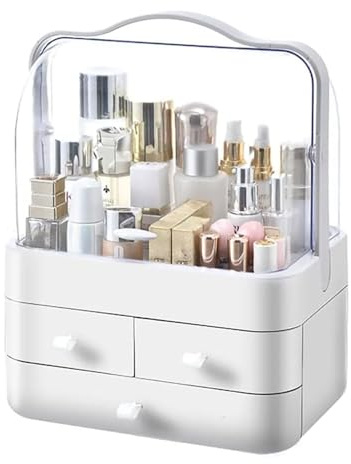 Neo Acrylic Makeup Organiser with Lid & Drawers Portable Dustproof Cosmetic Storage Box for Vanity, Bathroom Bedroom Countertop Skincare & Beauty Organiser (White)