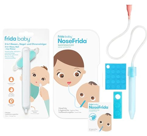 Frida Baby Set zur Nasen- & Hygienepflege für Babys | Nasensauger inkl. 4 Hygienefilter | + 20 Hygienefilter-Nachfüllpackung | + 3-in-1 Reiniger für Nase, Ohren & Nägel