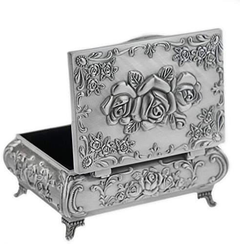 Classic Vintage Antique Tin Rectangle Jewelry Box Treasure Storage Organizer Chest with Rose Pattern