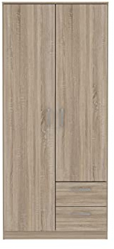 FORTE NIKO Schrank 80 85, Kleiderschrank klein, Flurschrank, Drehtürenschrank mit 2-türig, 2 Schubladen, Einlegeböden und Kleiderstange, Sonoma Eiche, 82 cm breit x 185 cm hoch x 53 cm tief