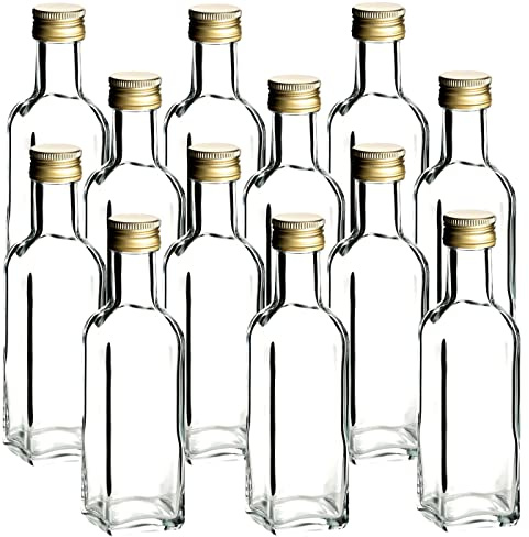 gouveo Set de 12 botellas de vidrio Maraska cuadradas (0,10 l) con tapón de rosca dorado PP24 para licor sirope aceite vinagre y degustación (MFE100TG)