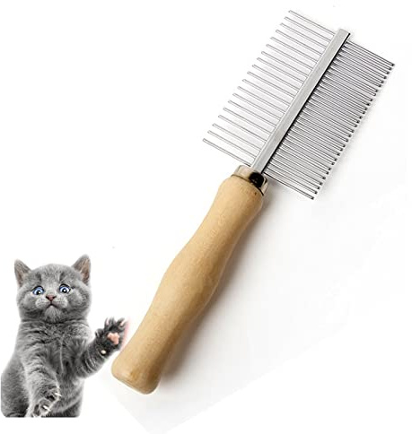 Dog Cat Pet Comb Double-Sided Grooming Brush Metal Comb for Loosening up Removing Mats Debris Tangles and Knots Wooden Handle Stainless Steel Tooth Perfect for Honghair Pets