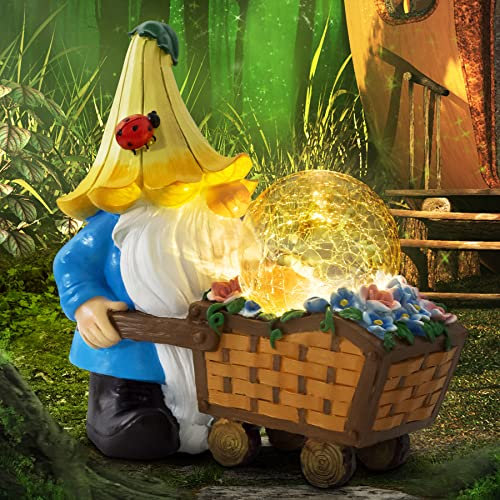 Grovind Nain de jardin - Décorations d'extérieur - Statues de jardin solaires - Décoration de nain de jardin tenant un orbe magique avec lumières LED - Gnomes d'extérieur pour jardin, terrasse,