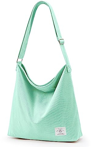 KALIDI Cord Tasche Umhängetasche mit Reißverschluss Wasserdicht Shopper Damen Große Cord Umhängetasche Tote Bag Crossbody Schultertasche Handtasche für Arbeit Büro Reise Einkauf, Minzgrün