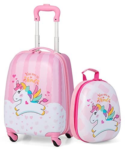 COSTWAY Maleta Infantil Niños, Equipaje de Viaje con Mochila, Equipaje Infantil con Ruedas Universales y Mango Ajustable, Juego de Mochila y Maleta Cabina Trolley (Patrón Unicornio)