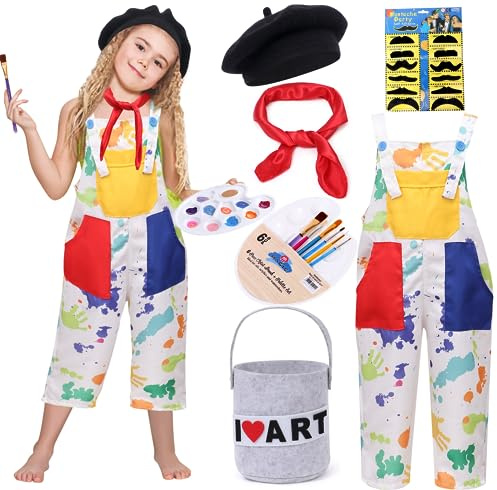 Tacobear Kids Artist Costume with Overalls Berets Beard Bow Tie Paint Bucket Brush, Halloween Career Day Dress Up for Boys Girls