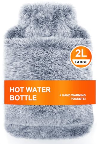 Bonilife Hot Water Bottle with Fluffy Cover, 2L Large Rubber Hot Water Bag with Hand Warmer Pocket Cover for Shoulder, Back, Period Pain Relief, Hot Water Bottle for Men Women Kids Adult-Grey
