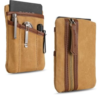 Sayram SP4 EDC Pouch, Waxed Canvas Compact EDC Pocket Organizer, Zippered Pocket Pouch for Men, Mini EDC Organizer for Change, Notebook, Tactical Pen, Flashlight (Oil Wax Brown)