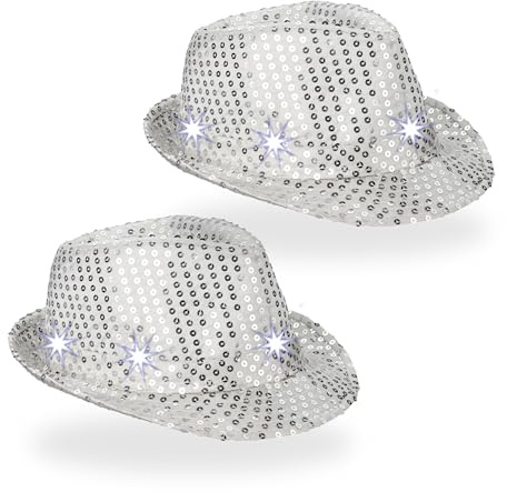 Relaxdays Cappello Fedora con Paillettes, Cappellino da Festa con 6 LED, Costume Glitter Uomo, Donna, Capodanno, Argento, Poliestere, Taglia Unica