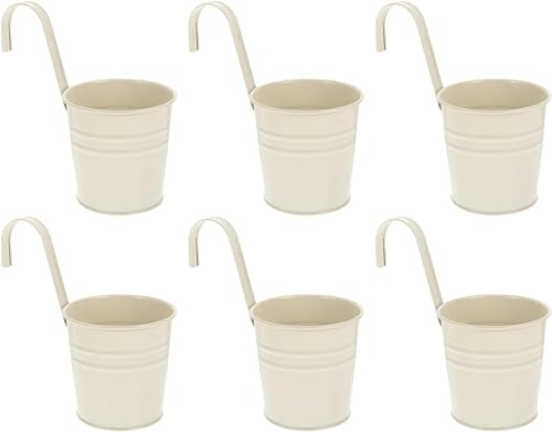 Wensmy 6Pcs Metal Iron Flower Pot Vase Hanging Balcony Fence Planters with Hooks Garden Hanging Flower Holder with Drainage Hole for Railing Fence Balcony (6Pcs Milk white)