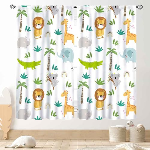 Tende per finestra per bambini, safari, per bambini e bambine, foresta, foresta, leone, elefante, cartoni animati, per soggiorno, camera da letto, 2 pannelli, 106,7 x 114,3 cm