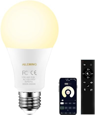 AILEMING E27 LED Bulb with 2.4GHz Remote Control, A19 12W 1000lm Color Changing Smart Light for Bderoom, Mood Soothing,100W Equivalent,Dimmable 1% to 100% 2700-6500K,1 Bulb & 1Remote