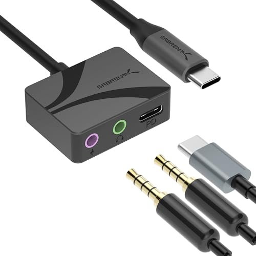SABRENT Adaptador de Audio USB Tipo C a 3,5 mm con PD de 100 W, Tarjeta de Sonido Externa USB C para Auriculares, micrófono, Altavoces, Salida estéreo, 24 bits, 96 KHz, Compatible con Laptop, Tablet