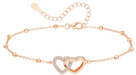 Cangall Women's Anklets Rose Gold, 925 Sterling Silver Ankle Bracelets for Women, 22+5cm Adjustable Beach Barefoot Anklet Chain, Heart Beaded Anklets Foot Chain for Summer Beach Trendy Jewelry