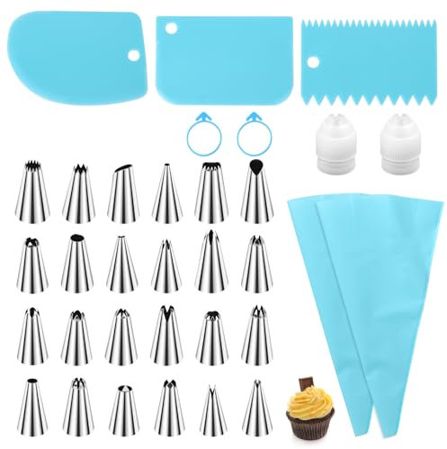 lasuroa 33pcs Douille pour Poche à Douille, Kit de Décoration de Gâteaux 24 Glaçage 2 Poches 2 Coupleurs 3 Raclettes 2 Attaches en Silicone pour Cupcakes Pâtisseries et Biscuits