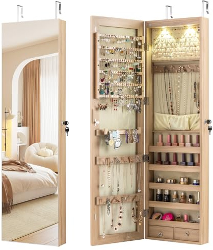 GOPLUS Espejo Joyero, Armario Joyero de Pared o Colgante de Puerta con Espejo de Cuerpo Entero, Luz LED, Cajones, Ranuras para Pendientes y Anillos, Organizador de Almacenamiento para Joyas (Natural)