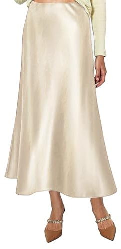 Vossmi Jupe en Soie Femme Longue Jupe Satinée Élégant Taille Haute A-Ligne Jupes avec Fermeture Éclair Décontractée Skirt Plissée en Satin Automne