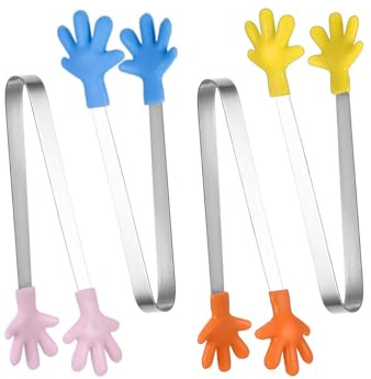 FUGLUS 4 Pezzi Mini Pinza Silicone Ghiaccio, 12.5cm Mini Forma Mano Pinza Cucina, Antiscivolo Pinze Forma Mano per Zucchero in Acciaio Inox Silicone, per Contenere Dessert, Insalate,Grigliate