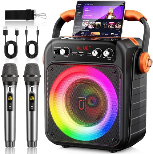 JYX Karaoke con 2 micrófonos inalámbricos: Altavoz portátil Karaoke Bluetooth 5.3, Sistema PA para Familiares con subwoofer, Soporte Rec/AUX/USB/TF, Disponible como Regalo Adultos y niños