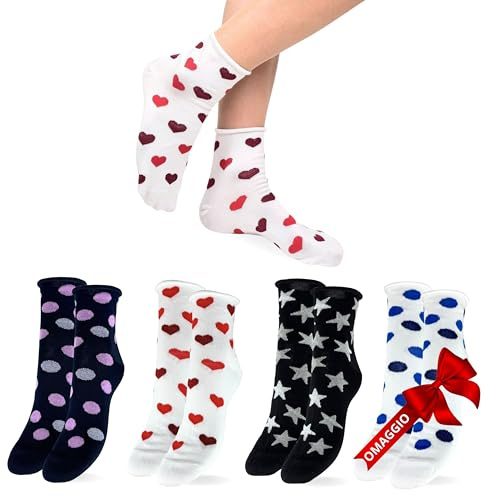 LEON D'ORO Calzini Donna COTONE Senza Elastico Calze Donna Corte Moda 4 PAIA di cui 1 OMAGGIO Calze Ragazza Made in Italy (IT, Testo, Taglia unica, Regular, Regular, PE ASS1)