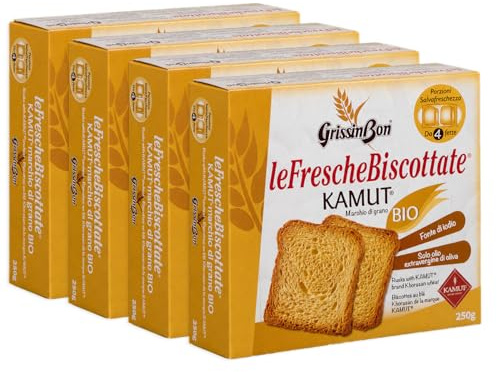 4X Le Fresche Biscottate Grissin Bon con Grano KAMUT, Fette Biscottate Croccanti con Olio Extravergine di Oliva, Fonte di Iodio, Porzioni Salva Freschezza 250g