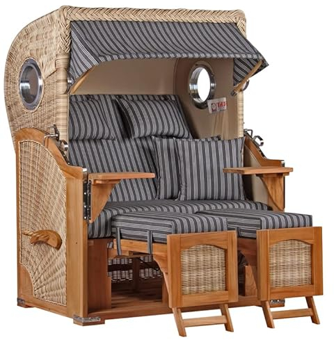 Strandkorb Teakholz Volllieger Strandstuhl Liegestuhl PE Geflecht Shell Düne TEAK Bullauge inkl. 4 Kissen+Wechselpolster - Strandkörbe aus Teak für Garten, Wintergarten und Terrassen (Dessin 500)