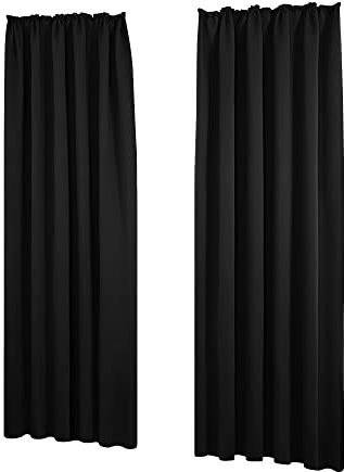 Deconovo Gardinen Blickdicht Thermovorhang Lärmschutzvorhang mit Kräuselband, 200x140 cm(HöhexBreite), Schwarz, 2er Set