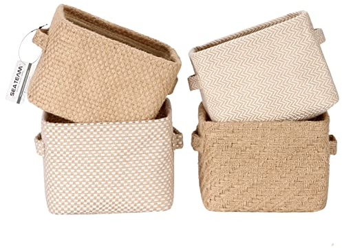 Sea Team 4.5L Mini Size Jute Storage Basket 4pcs Square Box with Double Handles Table and Room Small Items Storage Expert, 20 * 16 * 15cm/7.9 * 6.3 * 5.9In