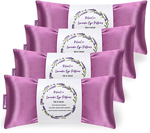 RelaxCoo Lot de 4 coussins pour les yeux à la lavande pour la relaxation, le yoga, le sommeil, masque lesté chauffant pour les maux de tête, sinus, soulagement des yeux secs, compresse humide pour les