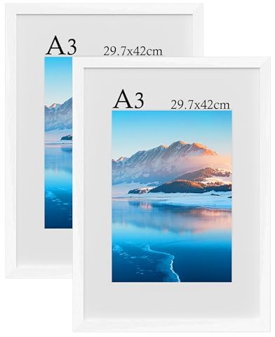 A3 Frame 2 Packs, 29.7 X 42 cm Wooden Picture Frame, Photo Frame With Perspex Glass, Wall-Mounted A3 Poster Frame for Bedroom and Living Room Decoration(White)