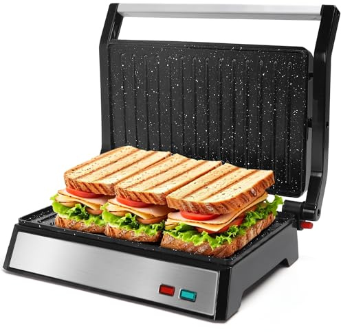Aigostar Panini Press, 1200W Sandwich Maker and Electric Indoor Grill with Ceramic Non-Stick Coated Plates, Opens 180°to Fit Any Size of Food, Stainless Steel Surface & Removable Drip Tray, Silver